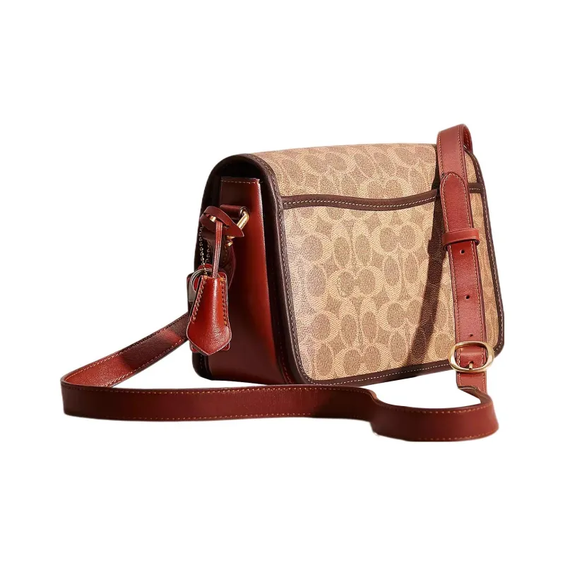 COACH Studio Shiny Canvas With Leather Crossbody Bag Shoulder Bag Women's Tan & Rusty Red-2