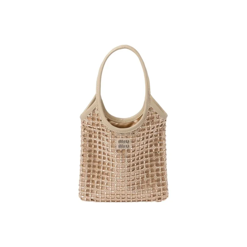 MIU MIU Synthetic Crystal Patchwork Satin Handbag Women's Sand Beige Yellow-0
