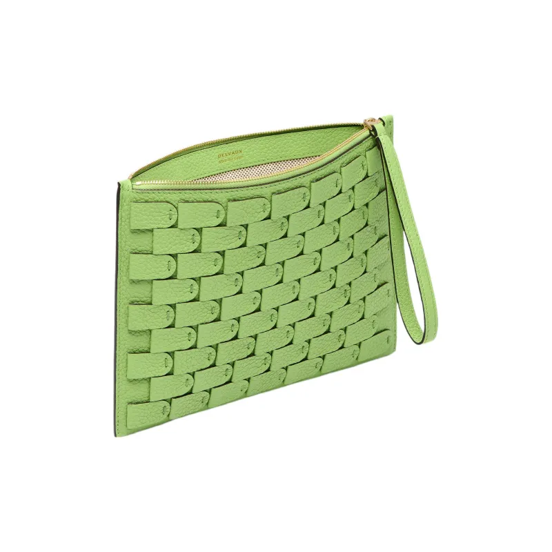 Delvau Pin Taurillon Soft Grain Cow Leather Clutch Small Size Women's Aloe Vera Green-2