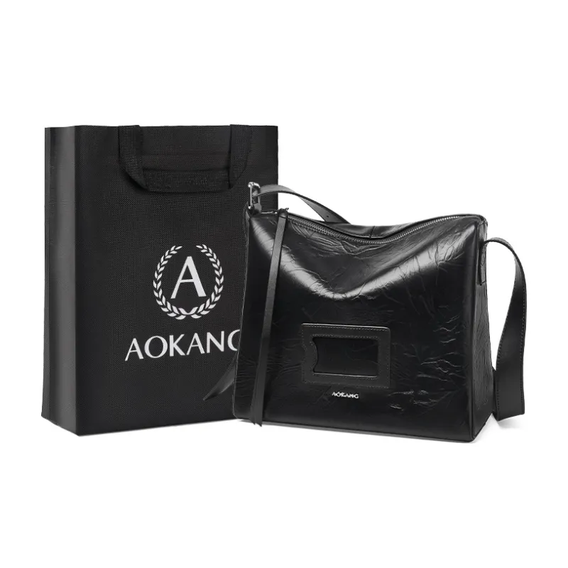 AOKANG Cow Leather Shoulder Bag Medium Size Women's Chocolate/Classic Black-4