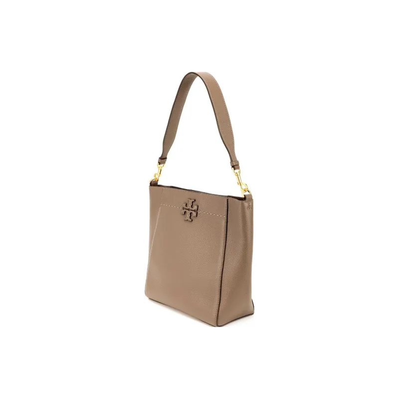 TORY BURCH McGraw Leather Bucket Bags Shoulder Bag Crossbody Bag Large Size Women's Gray Brown-2