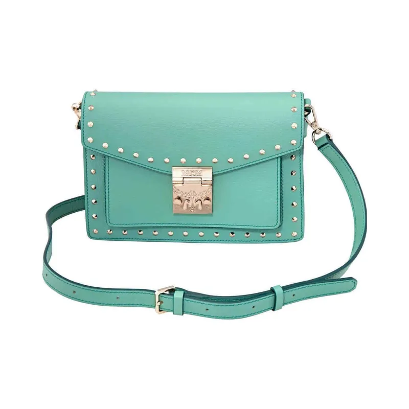 MCM Leather Shoulder Bag, Crossbody Bag Small Size Women's Mint Green-0