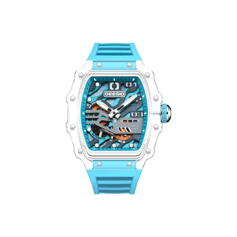 DEESIO Automatic Mechanical Movement Rubber Strap Watch Unisex Cut Out Dial-9