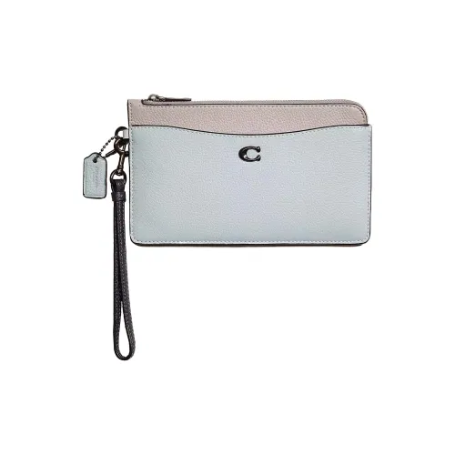 COACH Wristlet Leather Clutch Wrist Bag Small Size Women's Pewter With Dove Gray