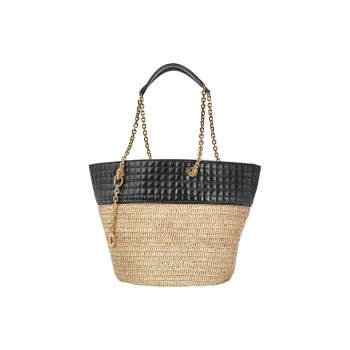 CELINE Raffia With Calfskin Basket Bag Handbag Shoulder Bag Women's Black & Natural