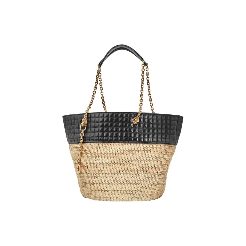 CELINE Raffia With Calfskin Basket Bag Handbag Shoulder Bag Women's Black & Natural-0