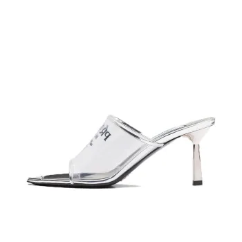 PRADA Plexiglas 75mm Pointy High Heels Silver Leather Women's