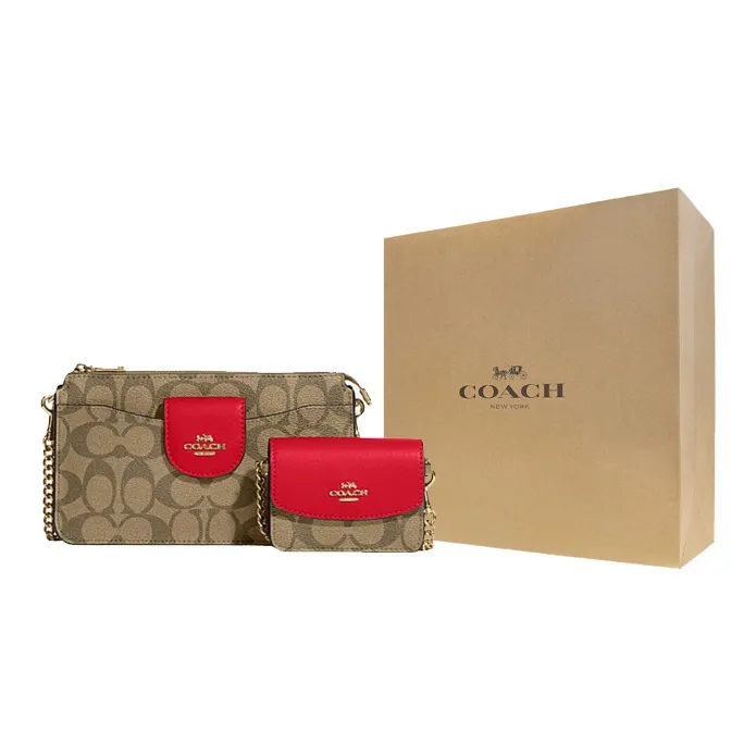 COACH POPPY Cow Leather Chain Bag Shoulder Bag Crossbody Bag Medium Size Women's Rose Red & Brown Monogram-6