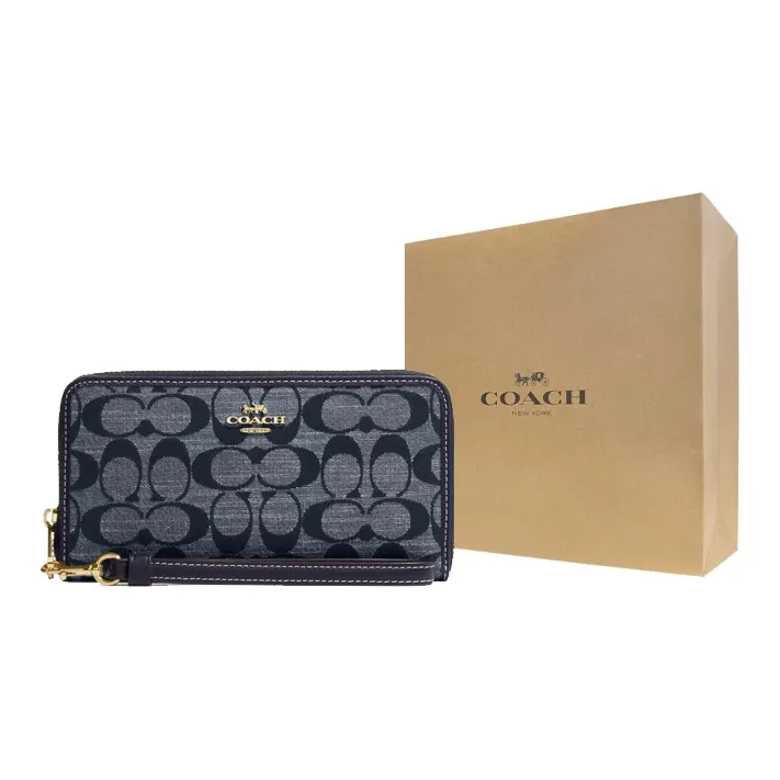 COACH Zip Around Canvas And Smooth Leather Clutch Wallet Trumpets Women's Blue-4