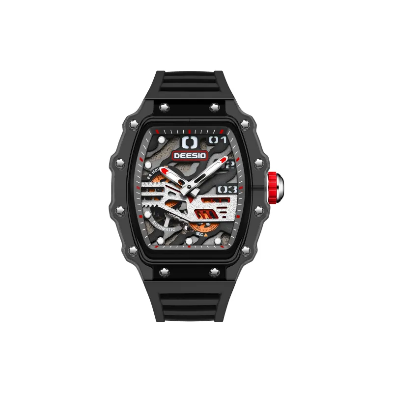 DEESIO Automatic Mechanical Movement Rubber Strap Watch Unisex Cut Out Dial-12