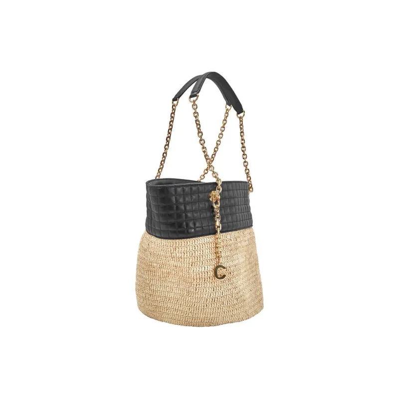 CELINE Raffia With Calfskin Basket Bag Handbag Shoulder Bag Women's Black & Natural-1