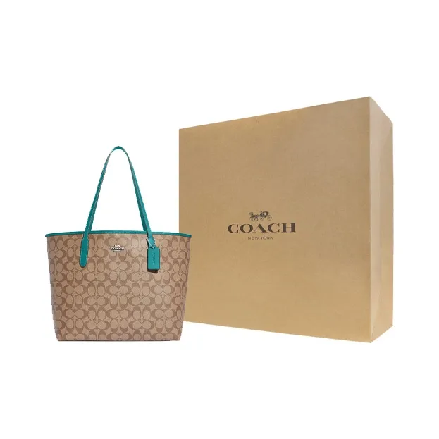 COACH City Canvas With Leather Tote Bag, Shopping Bag, Shoulder Bag, Handbag Large Size Women's Khaki & Blue Green-5
