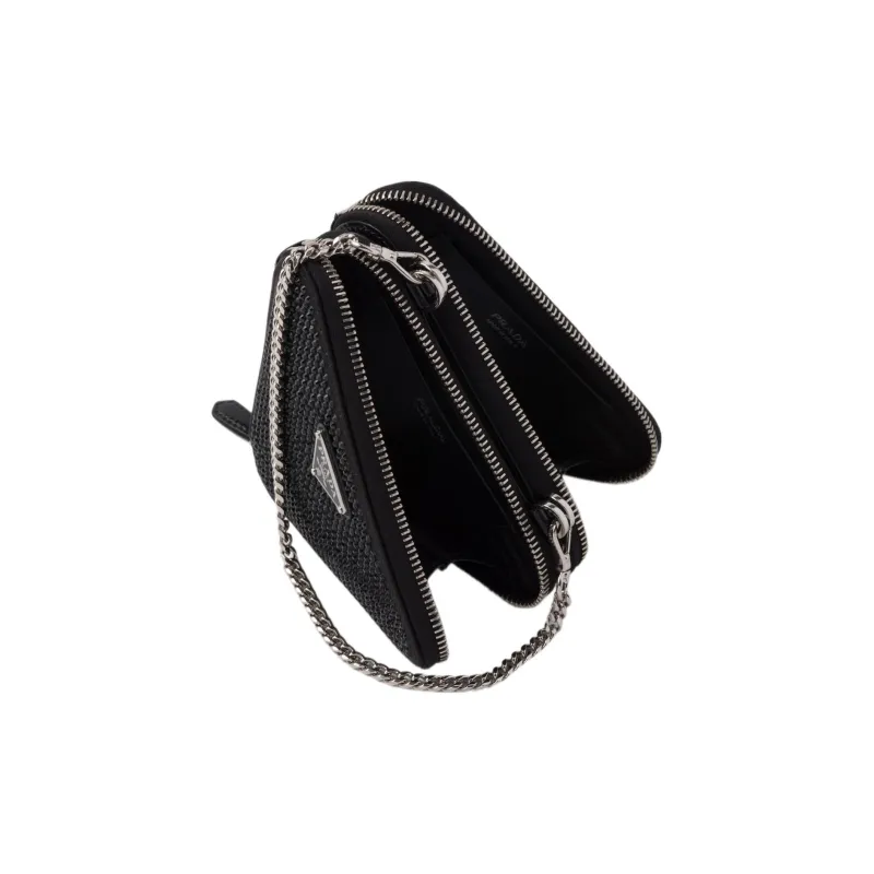 PRADA Satin Leather Single Shoulder Crossbody Clutch Mini Women's Black-3