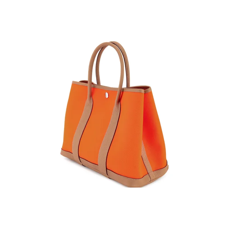 HERMES Garden Canvas With Leather Handbag Women's Flame Orange/Elephant Gray-2