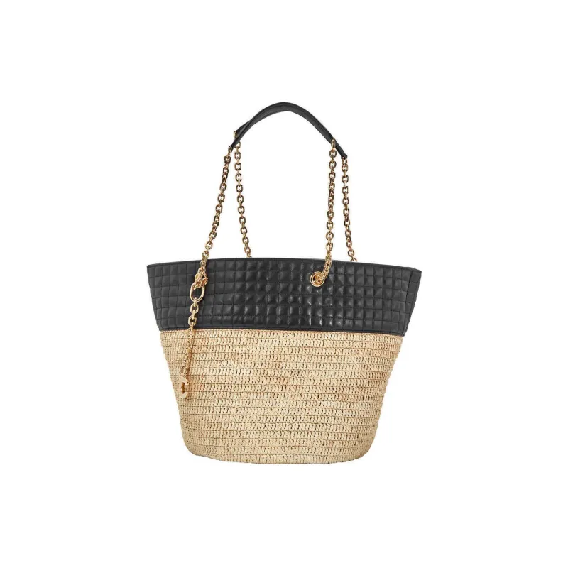 CELINE Raffia With Calfskin Basket Bag Handbag Shoulder Bag Women's Black & Natural-2