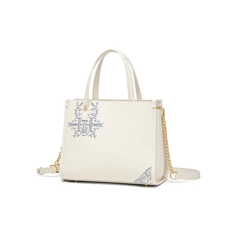 Gong Xuan Cow Leather One Shoulder Handbag Tubas Women's Blue And White Porcelain White-4