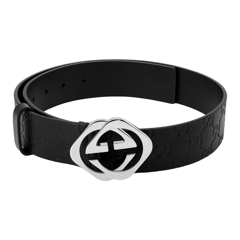 GUCCI Black With Silver Buckle Smooth Buckle Belt Leather Belts Unisex Width: 4cm-1