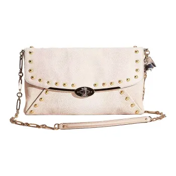 COACH Lizard Embossed Leather Square Bag, Crossbody Bag, One Shoulder Clutch Tubas Women's Gold & Beige