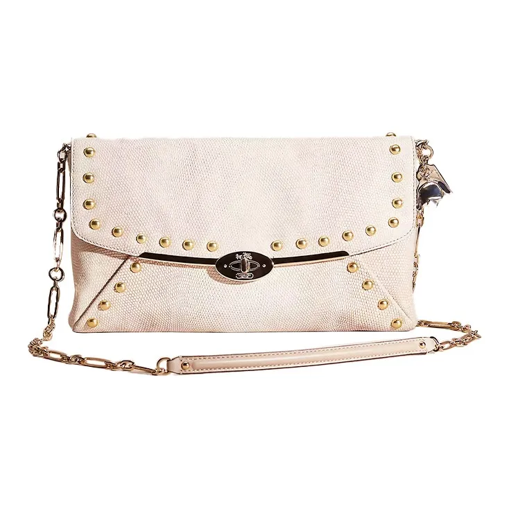 COACH Lizard Embossed Leather Square Bag, Crossbody Bag, One Shoulder Clutch Tubas Women's Gold & Beige-0