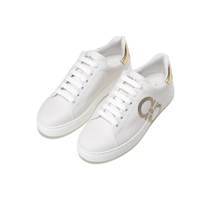 FERRAGAMO Low Top Skateboard Shoes Women's White Gold-2