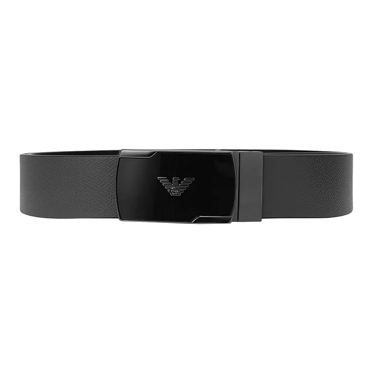 EMPORIO ARMANI Logo Emblem, Smooth Buckle Leather Belts Men's Black Gray Width 3.5CM-0
