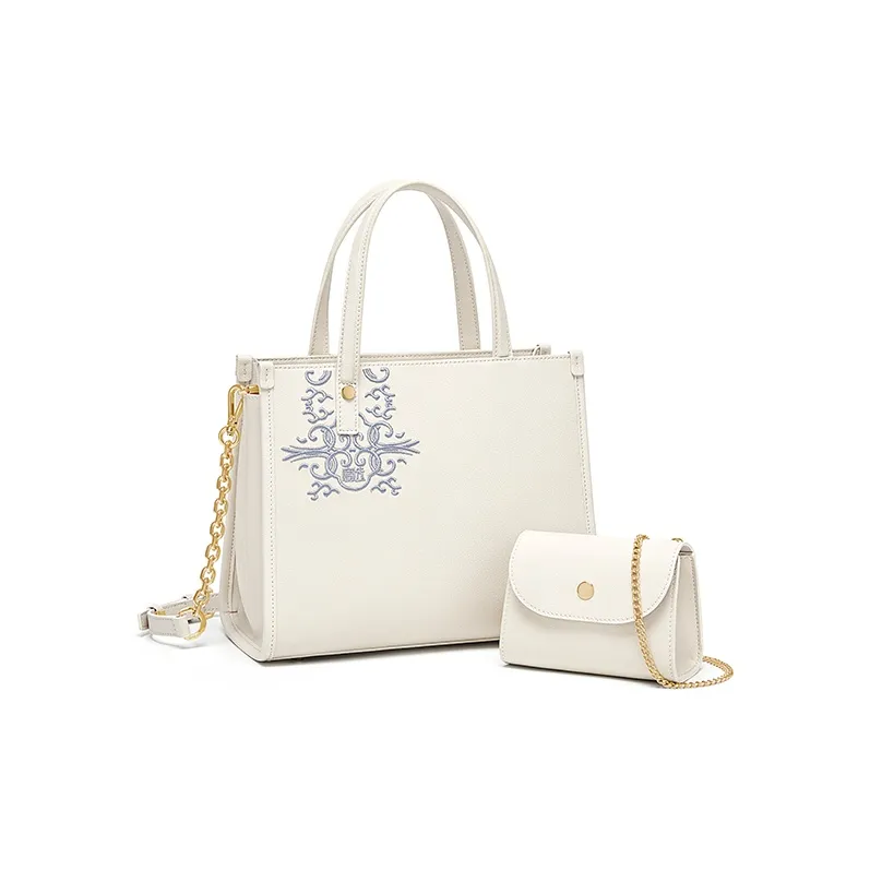 Gong Xuan Cow Leather One Shoulder Handbag Tubas Women's Blue And White Porcelain White-2