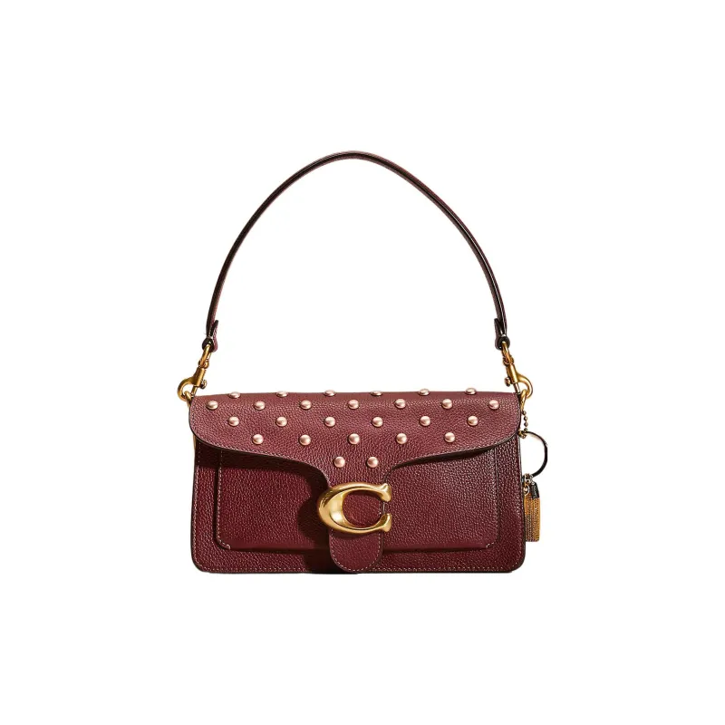 COACH Tabby Polished Pebbled Leather Messenger Bag Portable Crossbody Bag Shoulder Bag Women's Brass & Burgundy-0