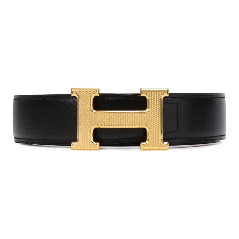 HERMES H Guillochee Cow Leather Belt Unisex Brown/Black Width 3.2cm-0