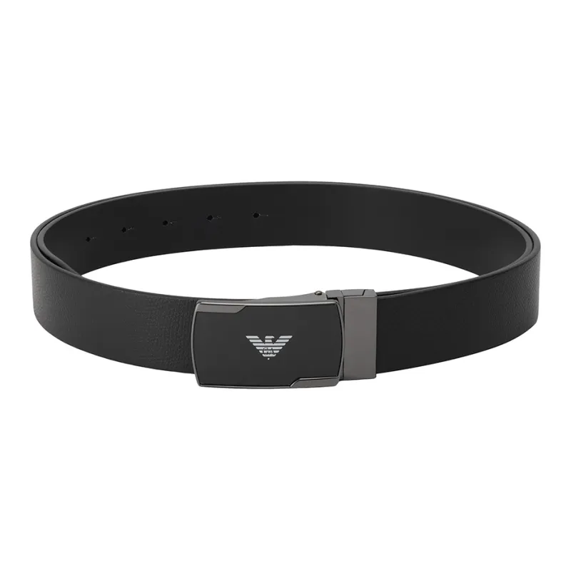 EMPORIO ARMANI Logo Emblem Smooth Buckle Leather Belts Men's Black Width 3.5cm-1