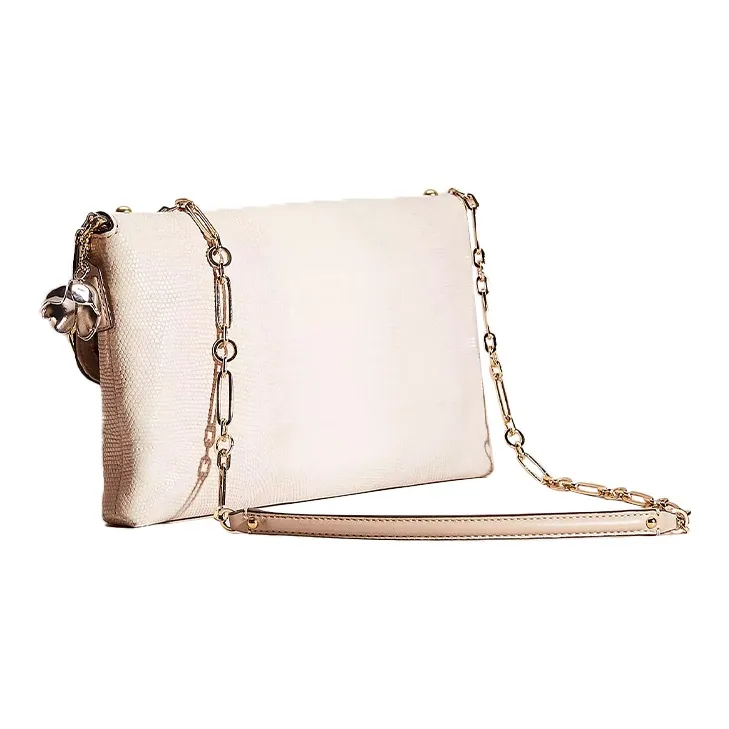 COACH Lizard Embossed Leather Square Bag, Crossbody Bag, One Shoulder Clutch Tubas Women's Gold & Beige-1