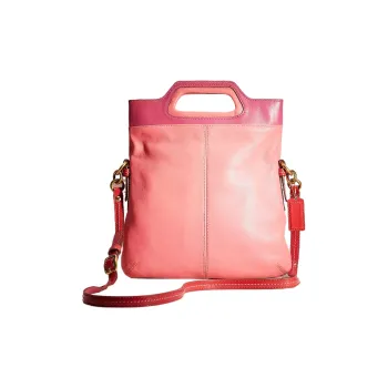 COACH Foldover Leather Tote Bag Shopping Bag Shoulder Bag Crossbody Bag Large Size Women's Brass & Coral & Fuchsia