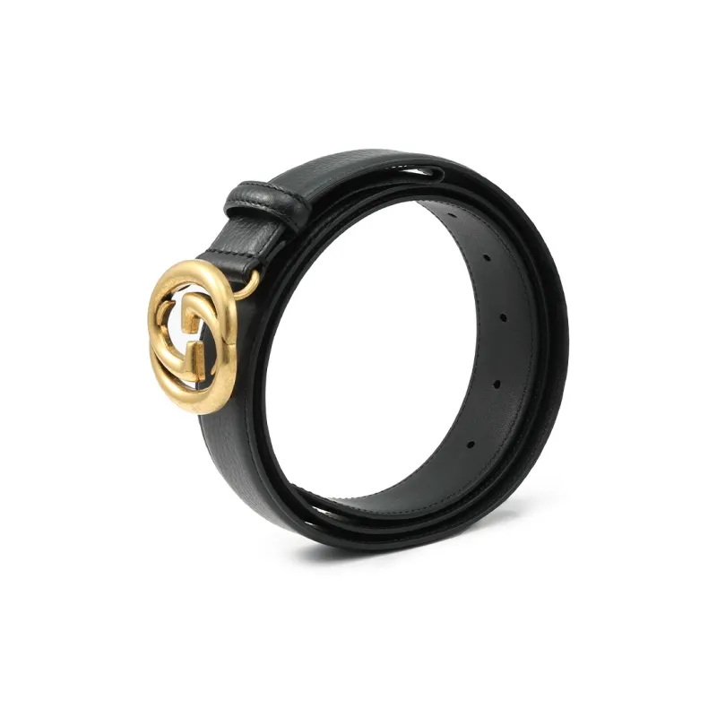 GUCCI Interlocking Double G Smooth Buckle Leather Belts Men's Black Width  3cm-2