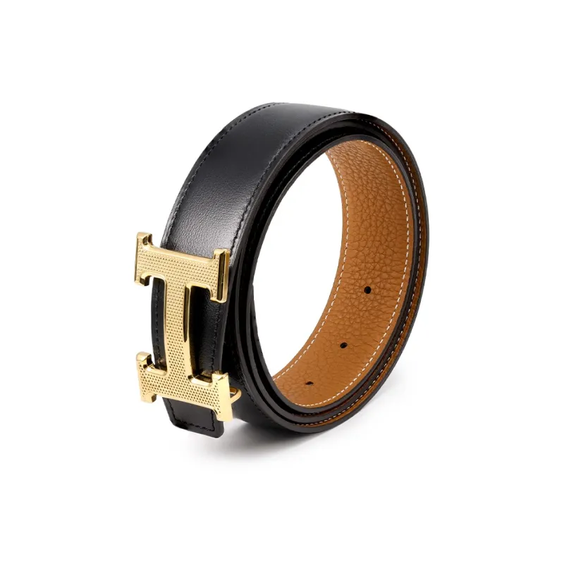HERMES H Guillochee Cow Leather Belt Unisex Brown/Black Width 3.2cm-2