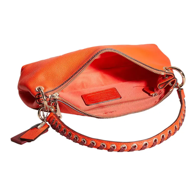 COACH Charley Leather Handbag Shoulder Bag Crossbody Bag Large Size Women's Light Gold With Watermelon Red Accents-2