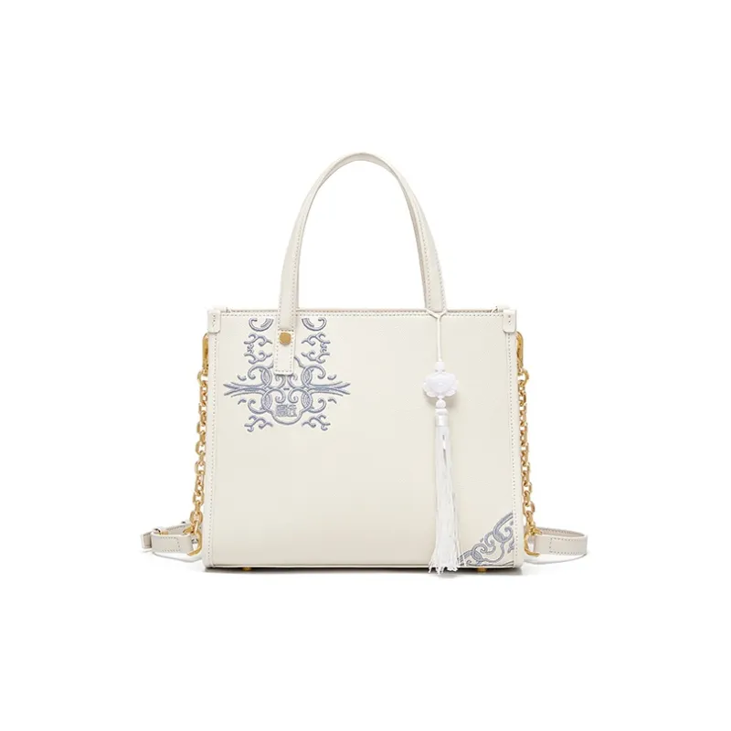 Gong Xuan Cow Leather One Shoulder Handbag Tubas Women's Blue And White Porcelain White-3