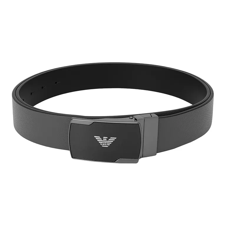 EMPORIO ARMANI Logo Emblem, Smooth Buckle Leather Belts Men's Black Gray Width 3.5CM-1