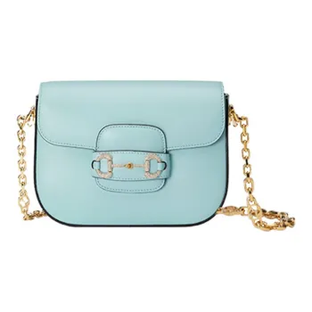 GUCCI Horsebit 1955 Leather Saddle Bag, Shoulder Bag Women's Light Blue