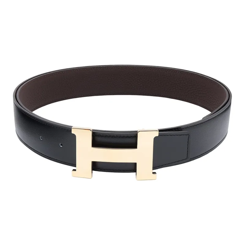 HERMES Togo Calfskin Double Sided Leather Leather Belts Men's Black/Chocolate Width 3.8cm-0