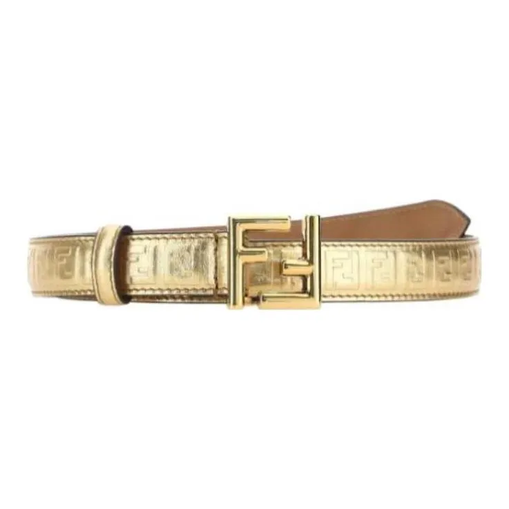FENDI FF Pattern Smooth Buckle Leather Belts Women's Gold Width: 2CM-0