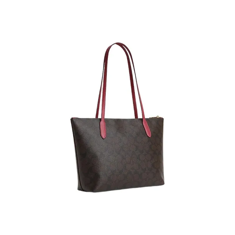 COACH Zip Top Tote Artificial Leather Tote Bag Shopping Bag Shoulder Bag Handbag Women's Brown & Rouge-1