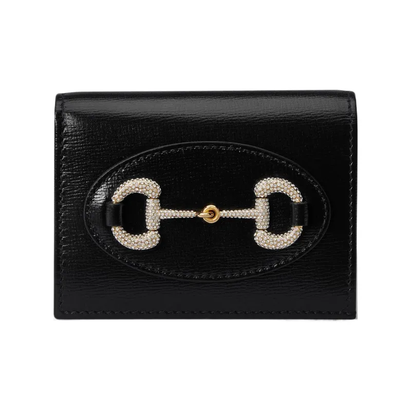 GUCCI Horsebit 1955 Leather Card Holder Wallet Women's Black-0