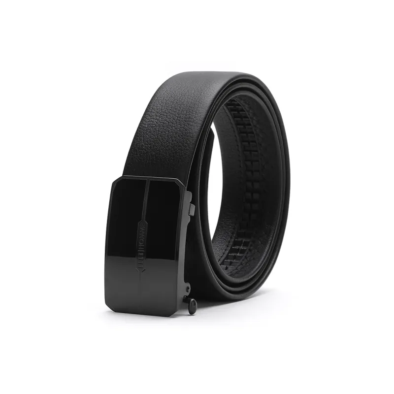 ELLE HOMME Automatic Buckle Belt, Steel Buckle Cow Leather Belt Men's Black Width 3.7cm-1