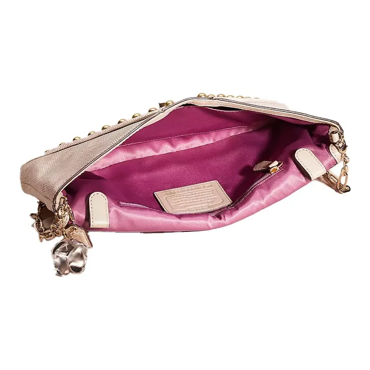 COACH Lizard Embossed Leather Square Bag, Crossbody Bag, One Shoulder Clutch Tubas Women's Gold & Beige-2