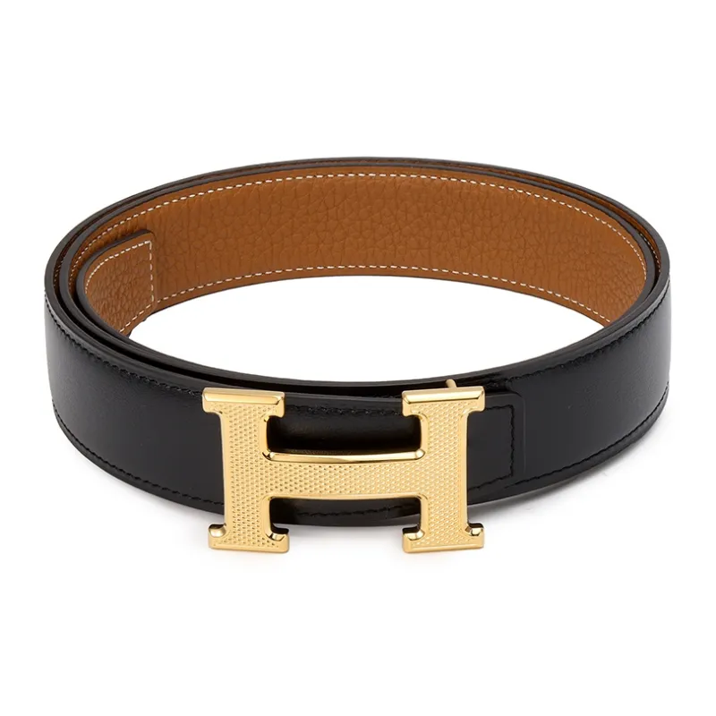 HERMES H Guillochee Cow Leather Belt Unisex Brown/Black Width 3.2cm-1