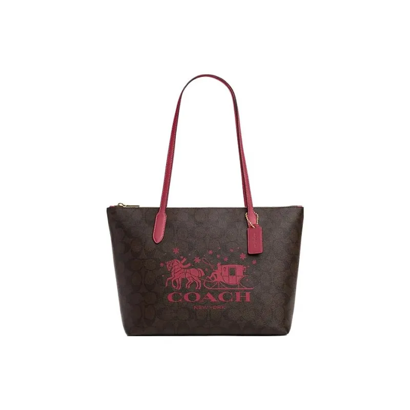 COACH Zip Top Tote Artificial Leather Tote Bag Shopping Bag Shoulder Bag Handbag Women's Brown & Rouge-0
