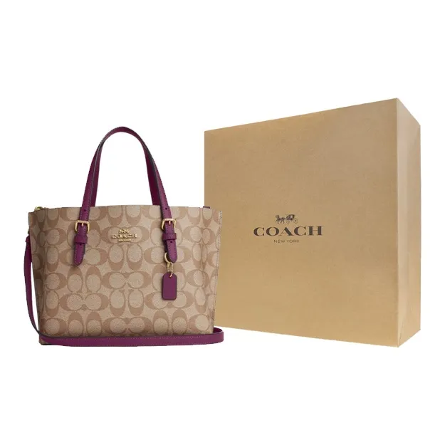 COACH Mollie Coated Canvas With Leather Tote Bag, Shopping Bag, Handbag Regular Women's Khaki/Boysenberry-9