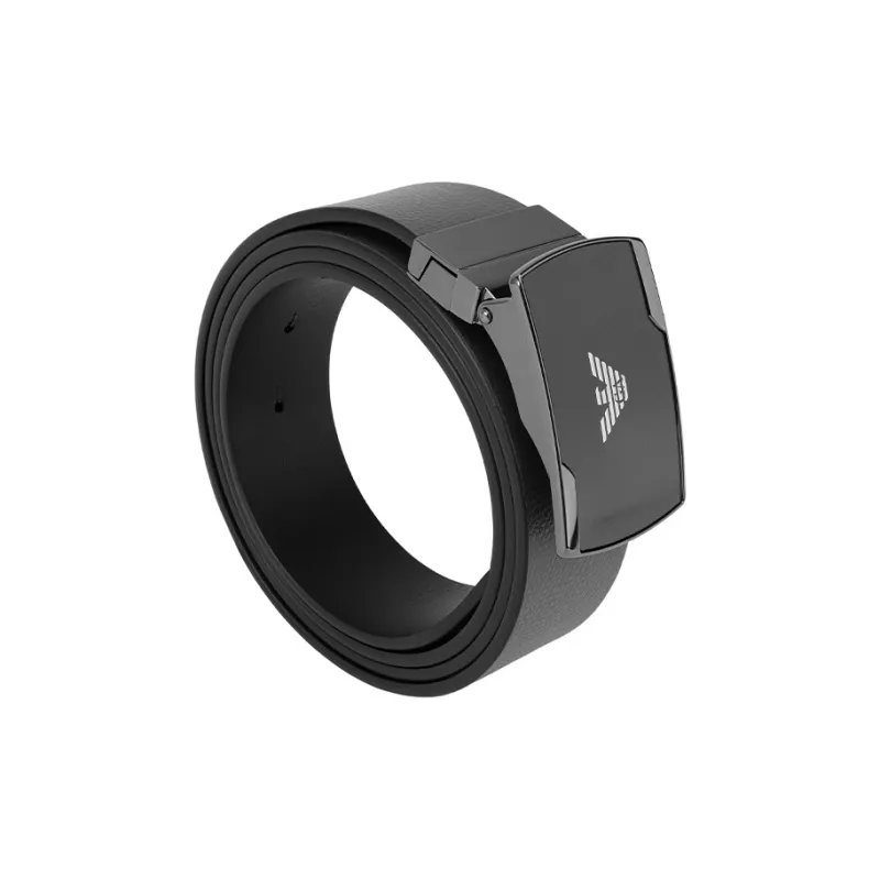 EMPORIO ARMANI Logo Emblem, Smooth Buckle Leather Belts Men's Black Gray Width 3.5CM-2