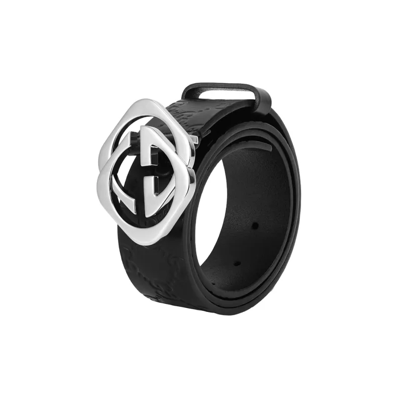 GUCCI Black With Silver Buckle Smooth Buckle Belt Leather Belts Unisex Width: 4cm-2