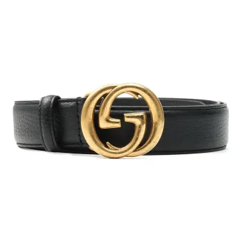GUCCI Interlocking Double G Smooth Buckle Leather Belts Men's Black Width  3cm