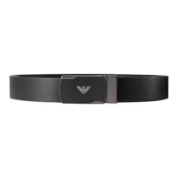 EMPORIO ARMANI Logo Emblem Smooth Buckle Leather Belts Men's Black Width 3.5cm